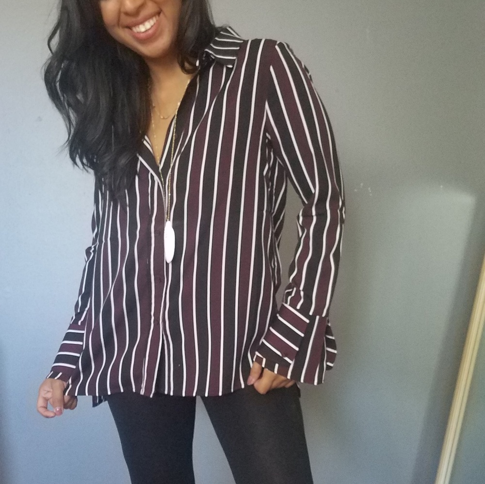MON CHERI WINE BLACK STRIPED TOP - Picture 2 of 5